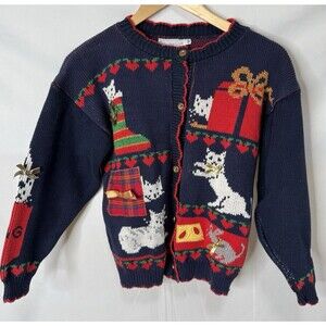 Vtg Sweater Loft Christmas CardiganSweater S Cats Cottage Core Holiday Made USA